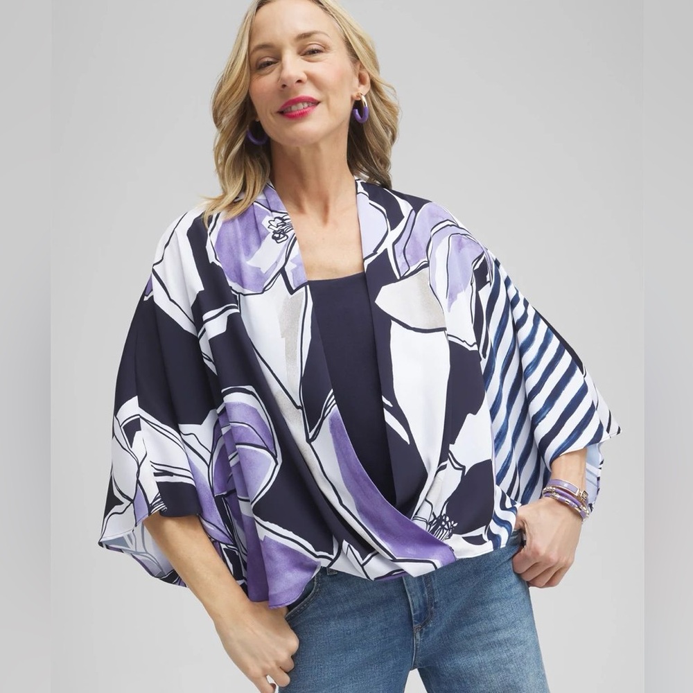 NWT Chico's Floral Surplice Poncho Blouse in purple floral faux wrap, s/m